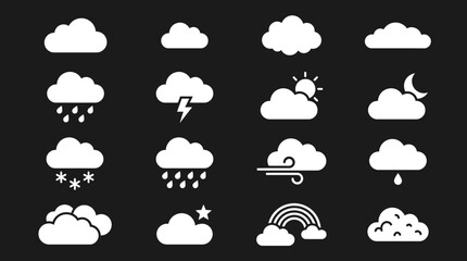 Obraz premium Weather icons on black background show various clouds and conditions including rain.