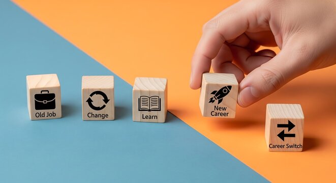 Hand selecting a wooden block labeled 'New Career' with a rocket icon, symbolizing career change and professional development.