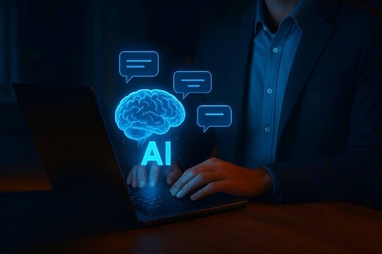 Artificial Intelligence Concept with Businessman Working on Laptop