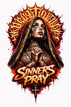 Gothic Streetwear Graphic of Praying Woman with Sinners Pray Typography