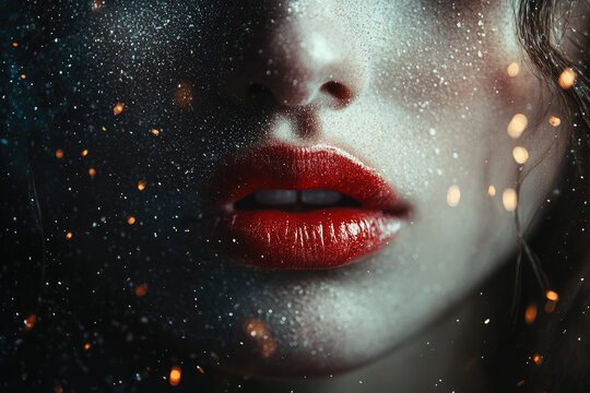 Red lips with sparkling glitter on a dark face
