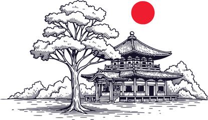 Ancient Japanese pagoda with a pine tree and sun in a traditional ink sketch style © Ishtiaq