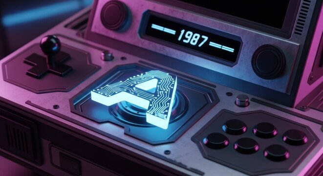 Glowing circuit board "A" on a retro arcade machine, illuminated by neon lights, with "1987.