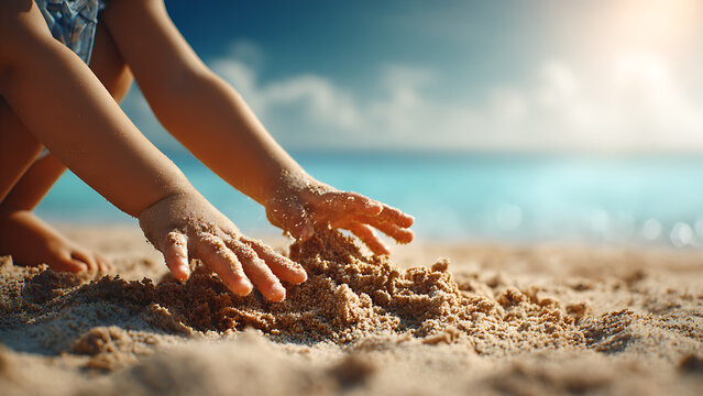 Close-up of a child's hands playing in the sand on a sunny beach, with the blue ocean visible in the background.