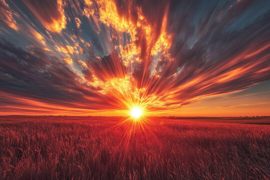 Dramatic red sunset with sun rays bursting over a field