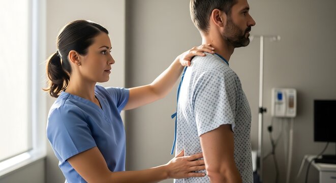 A female physical therapist examines a male patient's back in a medical examination room.