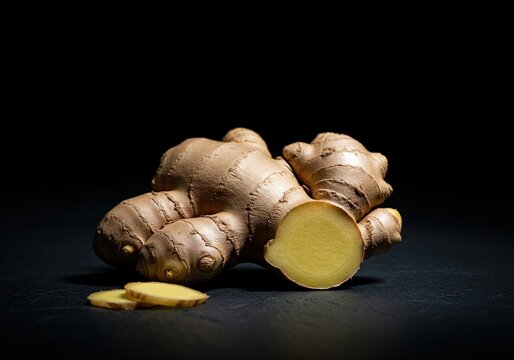 Fresh ginger root with a cut slice and two small round pieces isolated on dark surface