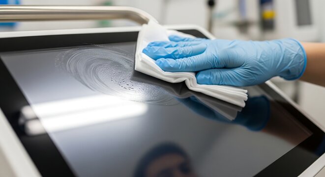 A gloved hand wipes a touch screen display with a white cloth, emphasizing hygiene and cleanliness in a modern setting.