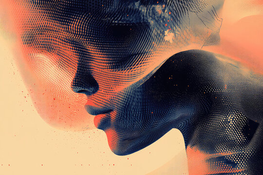 Double exposure profile of a woman in orange and navy tones