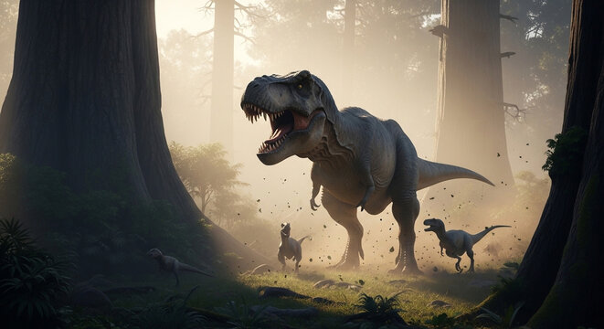 cinematic prehistoric jungle at sunrise, the mother tyrannosaurus rex is hunting with her young 