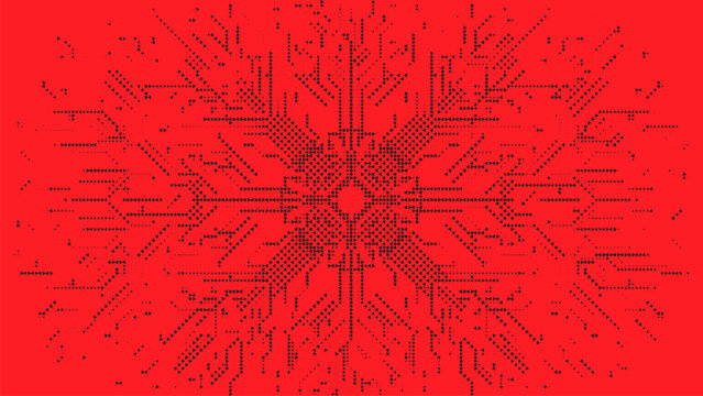 Red triangle halftone symmetrical pattern on vibrant background, abstract vector tech design with geometric particles, creative background for energy and futuristic technology themes