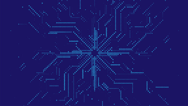 Dark blue triangle halftone symmetrical tech pattern, abstract vector design with glowing geometric particles, creative background for gaming, futuristic themes, and cyber security