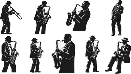 set of silhouettes of jazz musicians playing saxophone and trumpet on white background © Afia