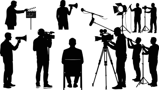 Silhouette of people working in film and television production with various equipment  camera crew at work