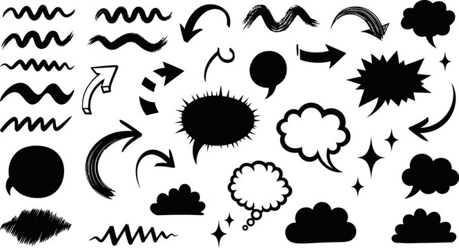 Collection of various comic book style speech bubbles and arrows on white background