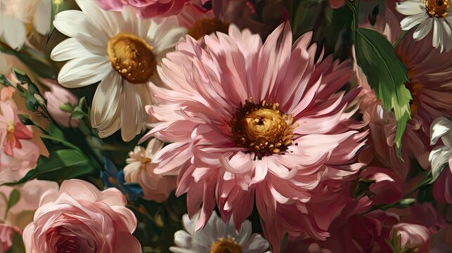 Vibrant bouquet featuring prominent pink aster and delicate white daisy blossoms