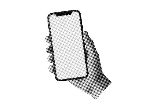 Trendy retro halftone hand holding smartphone art collage on transparent background