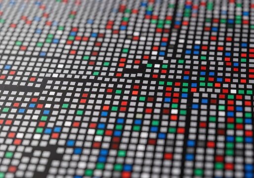 Abstract macro view displaying the dense grid structure of illuminated subpixels, representing digital image formation on a modern screen display surface, structure, digital, pattern