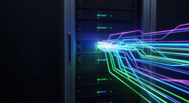Abstract representation of critical, highly encrypted data and restricted digital communication flowing through a closed network server infrastructure, system, unauthorized, closed
