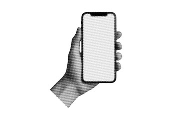 Trendy retro halftone hand holding smartphone art collage on transparent background © Design Shop