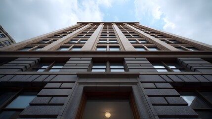 Naklejka premium A low angle view capturing the imposing geometric facade of a large urban building structure beneath a cloudy sky