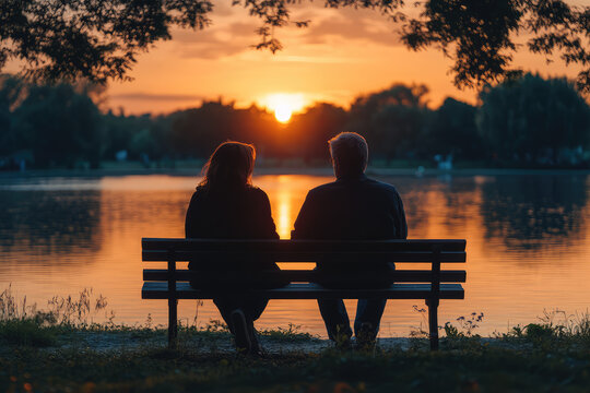 Couple sitting on a bench by a lake at sunset