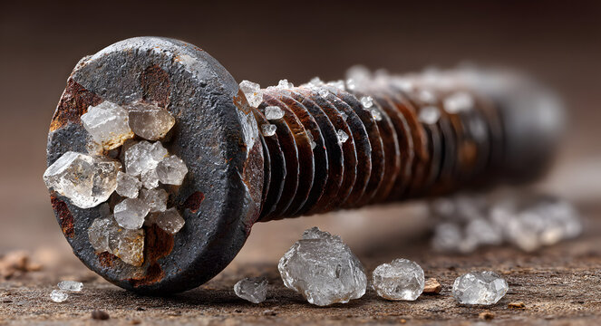 A macro shot of a corroded Phillips-head screw with a white, crusty salt build-up, against a blurred background with negative space.