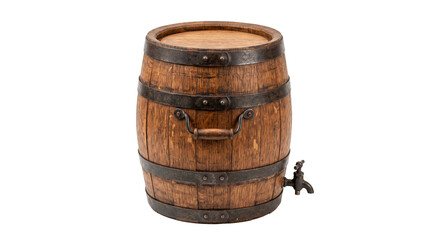 Obraz premium A wooden barrel with metal bands on a transparent background