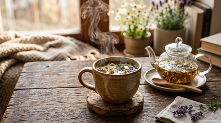 Fototapeta premium Rustic herbal tea in ceramic mug, steaming hot chamomile infusion on wooden table, cozy hygge atmosphere with glass teapot and lavender
