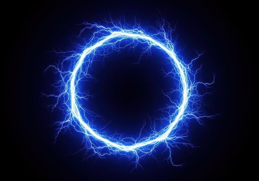 Dynamic blue electricity forms a perfect ring of energy against a dark, dramatic background, showcasing raw electrical power and high contrast, technology, circle, brilliant
