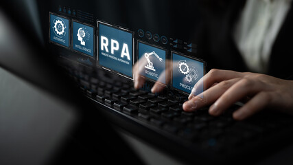 Obraz premium Modern Business Automation with Robotic Process Automation Interface Showing Hands Typing on Keyboard with Digital Icons Sigmoid