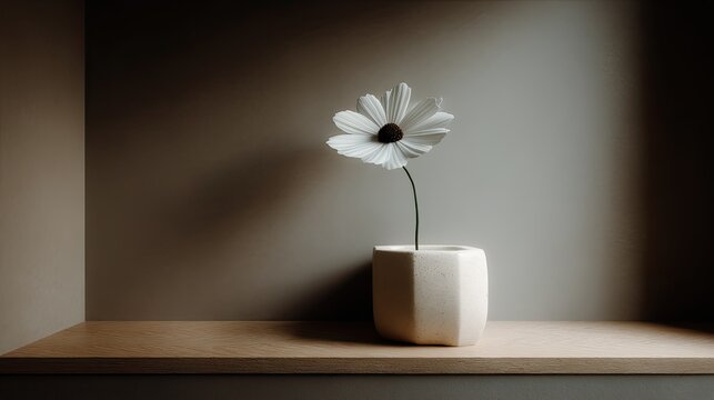 Single white bloom in a modern geometric container rests on a wooden surface against a muted background