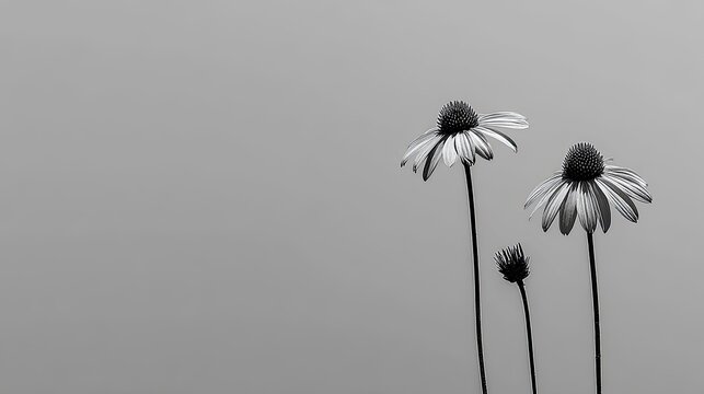 Three simple flower silhouettes stand against a smooth, light background in stark monochrome