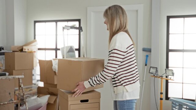 Woman carrying and stacking cardboard boxes, hands raised in a building filled with packed boxes, ladder and rolled rug during move; fresh start relief.