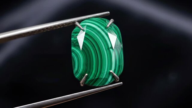 Malachite gemstone held by tweezers