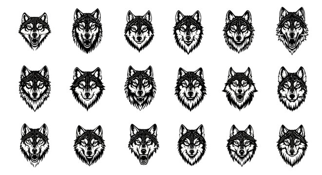 Collection of stylized wolf head illustrations in black and white featuring diverse expressions and detailed fur textures perfect for emblematic or mascot designs on a clean white