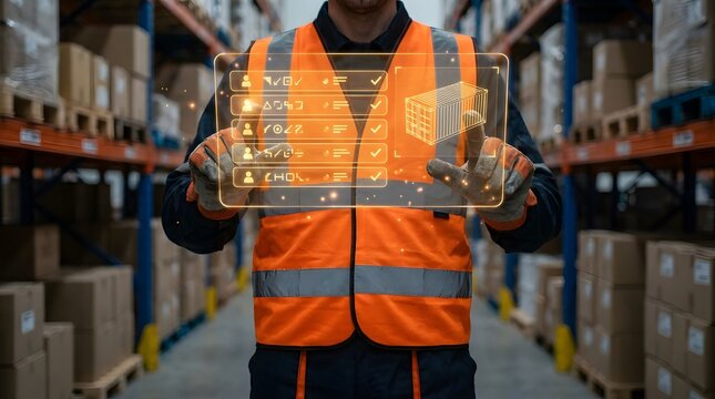 Logistics worker in a warehouse using a holographic interface to manage shipping containers and inventory tracking with advanced digital systems.