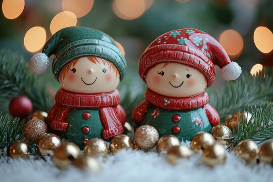 Cute ceramic gnome figurines among Christmas decorations