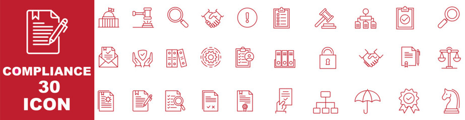 Fototapeta premium Compliance line editable icon set. Contain icons related to compliance, regulatory, governance, corporate, transparency, regulations and more. Editable stroke. Vector illustration