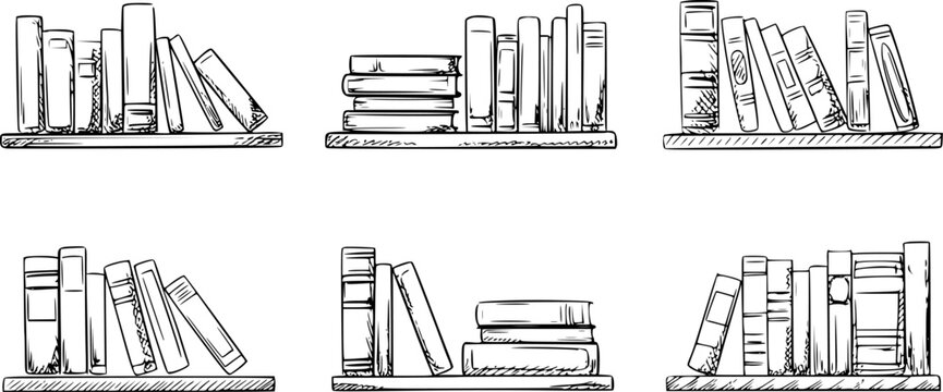 Hand-drawn bookcase sections with various book arrangements white background books