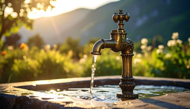 A vintage brass faucet flows water into a stone basin, with a blurred natural backdrop. Sunlit scene set in nature