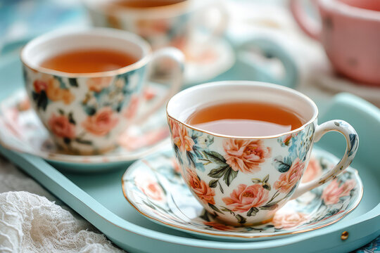 Floral porcelain teacups filled with tea on a tray