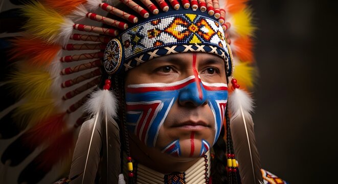 Native american warrior with traditional headdress and face paint