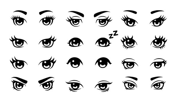 Cartoon eyes vector set with eyelashes and eyebrows in cute doll style for character design