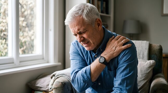 Senior man experiencing shoulder pain at home in casual setting