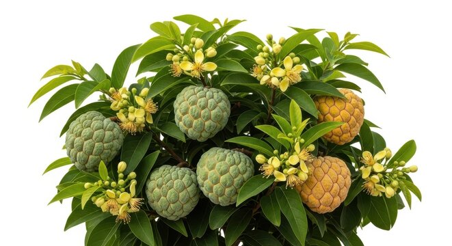 Custard Apple Tree with Ripe Green and Yellow Fruits, Flowers, and Leaves