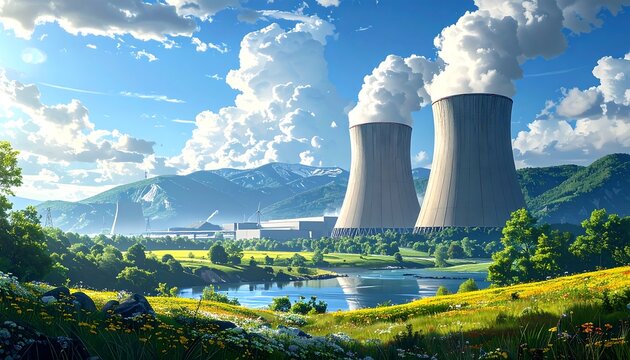 A vibrant, sunny scene depicts massive cooling towers billowing white vapor against a backdrop of rolling hills and a clear blue sky