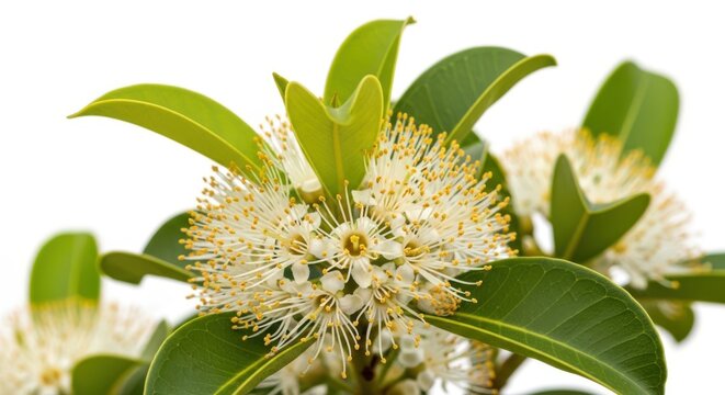 Close-up of Myrtus Ugni Flowers and Leaves