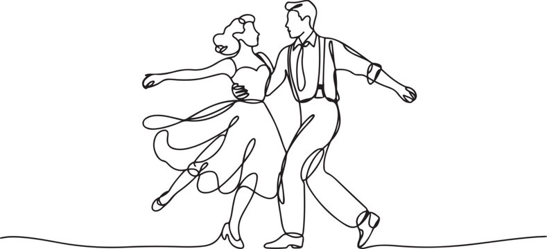 Continuous one line drawing man and woman in retro vintage clothes dancing lindy hop and holding hands. Performance full of dedication. one line Icon drawing
