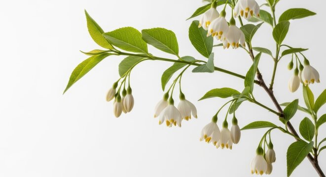 Delicate White Styracaceae Flowers Blossom on Branch with Green Leaves, Isolated on White